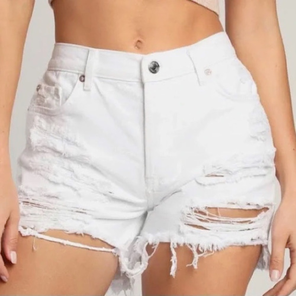 Free People Maggie Mid Rise Distressed Denim Shorts White